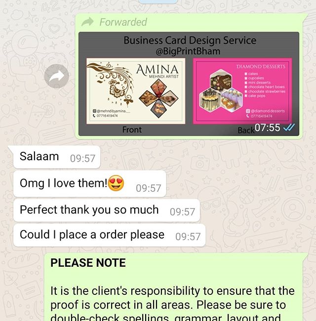 Another happy customer. 

Business card order, design and print for : 
@mehndibyamina.__
@diamond.desserts

Please whatsapp me : https://wa.me/447702153393