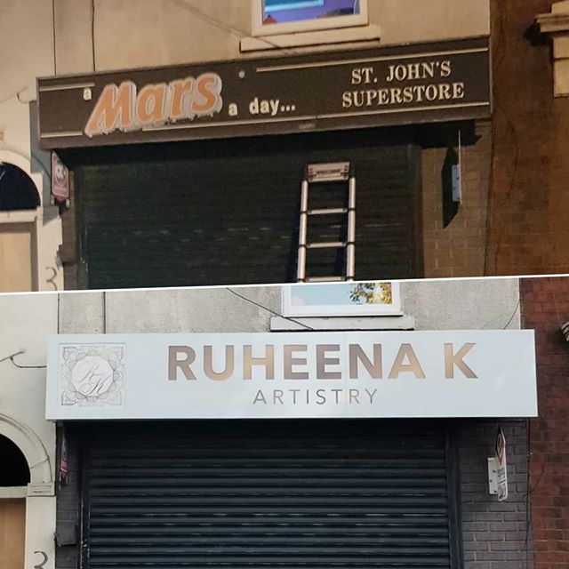 Before and After, a new signboard gone up for @ruheena_k_artistry

To place your order whatsapp me: Mak of Big Print Birmingham on 07702153393
