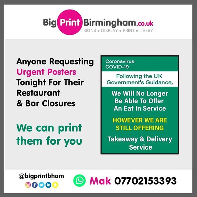 Need a poster advising customers you only offer a takeaway or delivery service. Please contact me right away

To place an order If at all possible PLEASE whatsapp me on 07702153393