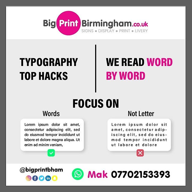 Typography hacks

Need any printing? 
To place an order If at all possible PLEASE whatsapp me on 07702153393