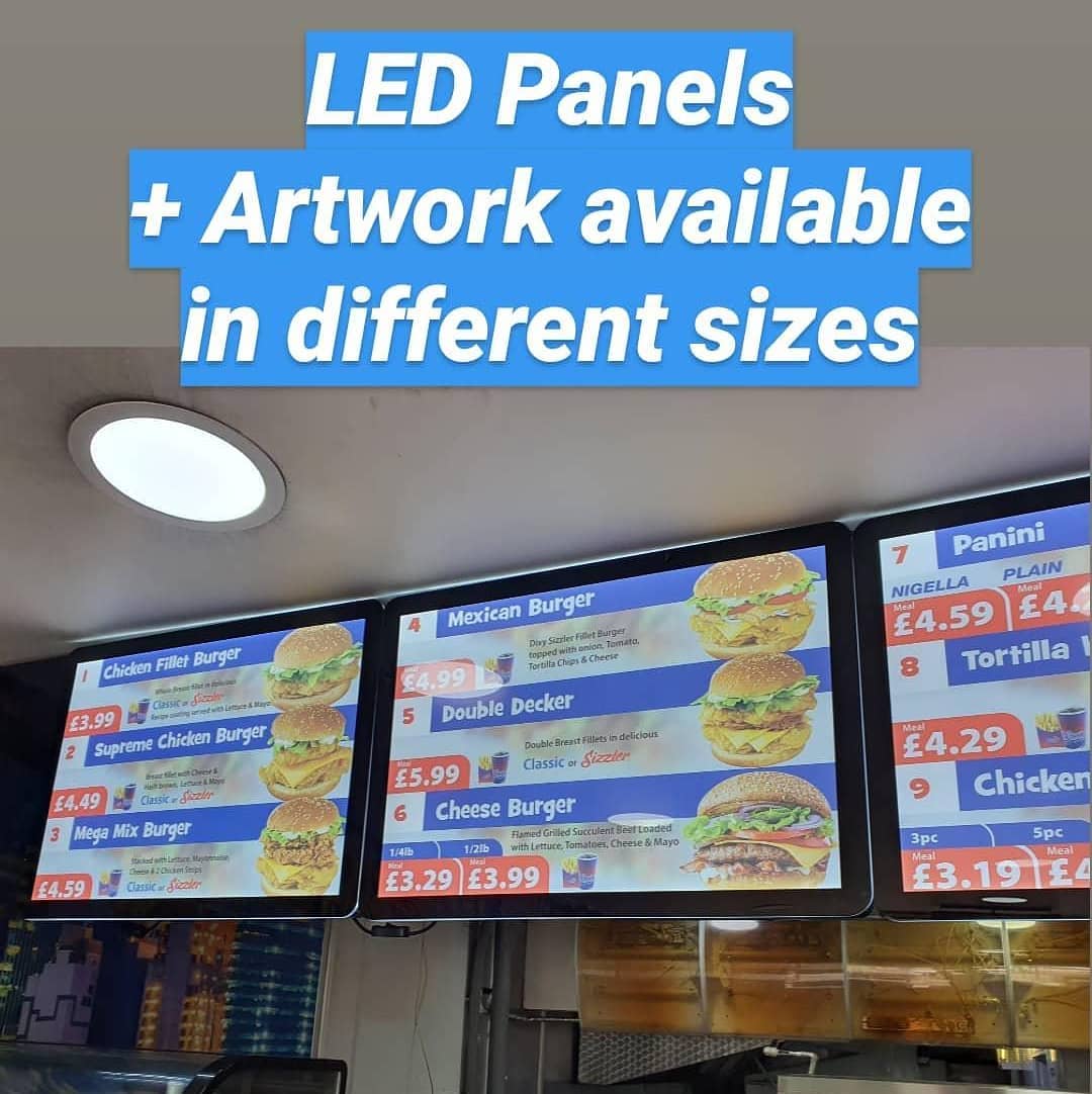 LED Panels + Artwork available in different sizes.

To place an order for LED Menu panels, If at all possible PLEASE whatsapp me on 07702153393