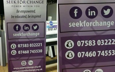 A Roller Banner designed and printed by us for @seekforchange#bigprintbirmingham #printingbirmingham #bigprintbham #rollerbanner #popupbanner