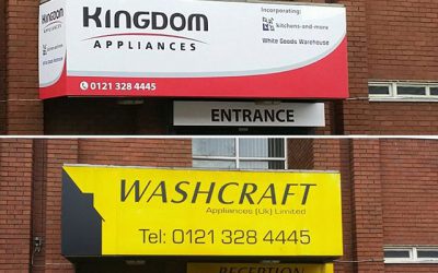 We updated the old wash craft signboard to this new kingdom appliance signboard. #bigprintbirmingham #printingbirmingham #bigprintbham #shopsigns