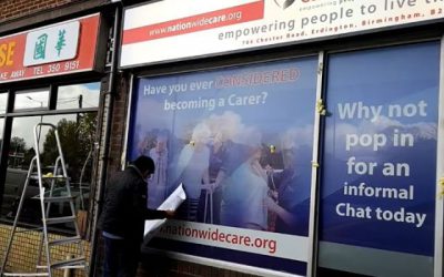 Signboard and contra vision being applied to this shop front. #bigprintbirmingham #printingbirmingham #bigprintbham #signmaker #signs #printshop #shopwindows #signboards