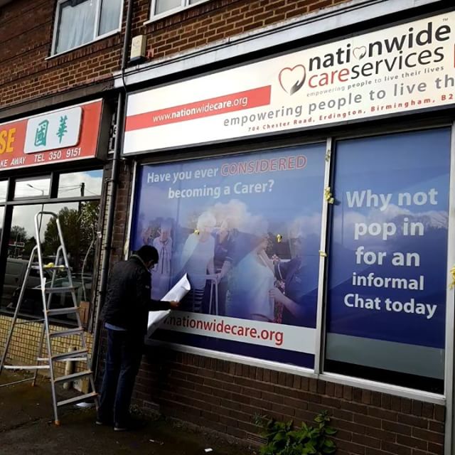 Signboard and contra vision being applied to this shop front. #bigprintbirmingham #printingbirmingham #bigprintbham #signmaker #signs #printshop #shopwindows #signboards