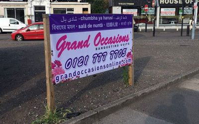 3×6 feet wide PVC banner, designed and printed by us. To install this we also built the wooden frame from strong treated wood. #bigprintbirmingham #printingbirmingham #signmaker #signs #printshop #pvcbanners #outdoorbanners #wedding#weddinghall