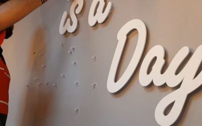 Placing the flat cut raised letters to the wall. #bigprintbirmingham #printingbirmingham #signmaker #signs #birmingham #windowart #printshop #signshop #pvcbanners #redditch #kingfishershopping #jacketpotato