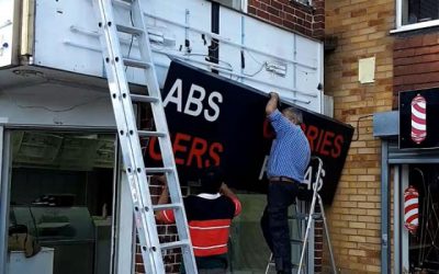 Taking down old sign. Will be putting new sign up shortly #bigprintbirmingham #printingbirmingham #signmaker #signs #birmingham #windowart #printshop #signshop