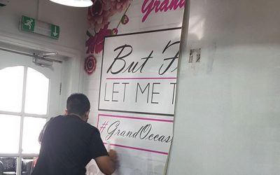 Applying the 1st sheet of this custom designed wallpaper for Grand Occasion#bigprintbirmingham #printingbirmingham #signmaker #signs #printshop #signshop #wallpaper #officewallart #officewallartwork
