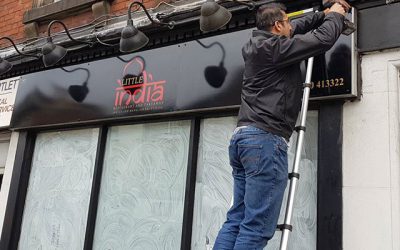 Shop sign being fitted in Leicester.#bigprintbirmingham #printingbirmingham #signmaker #signs #printshop #shopsigns #Restaurant
