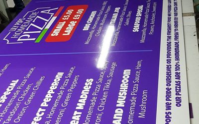 Pizza menu 8×4 foot ready for collection.Mak 07702153393 #bigprintbirmingham #printingbirmingham #signmaker #signs #printshop #signshop #pizza #pizzamenu