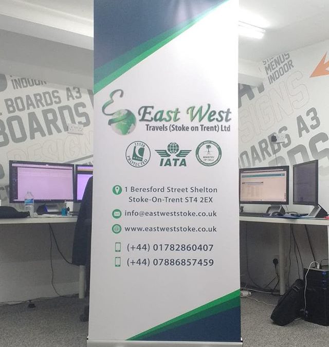 Roller banner for east and west travel agents. To place your order whatsapp me: Mak of Big Print Birmingham on 07702153393 Or use this whatsapp link from your mobile: https://wa.me/447702153393 #bigprintbirmingham #printingbirmingham #signmaker #signs #printshop #hajj #umrah