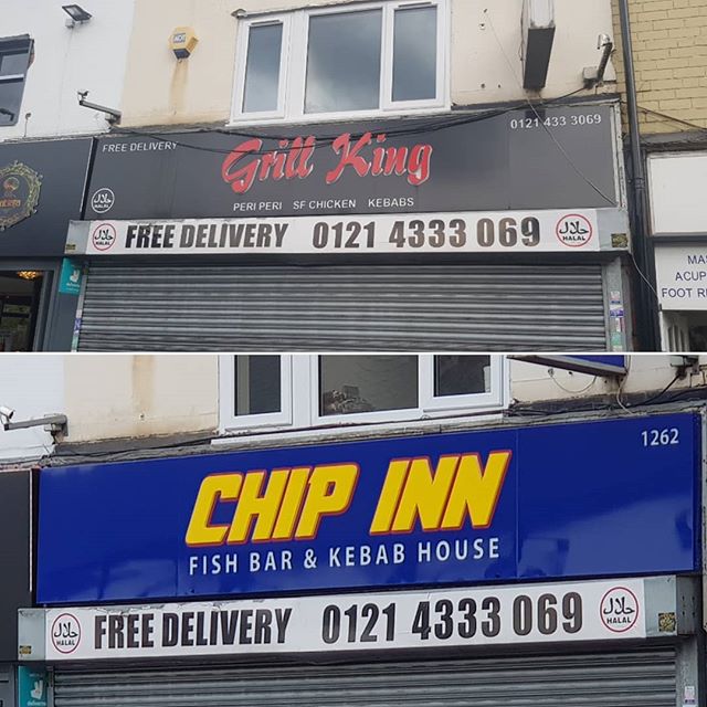 Chip Inn New signboard. The before and after. Need a new sign? To place your order whatsapp me: Mak of Big Print Birmingham on 07702153393